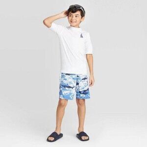 Boys White Sailboat Logo Rash Guard Swim Shirt‎